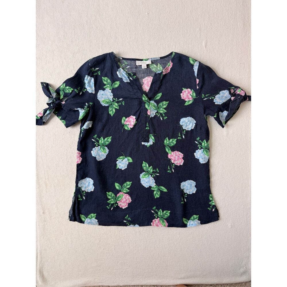 Charter Club Luxury 100% Linen Hydrangea Floral Top Navy Small